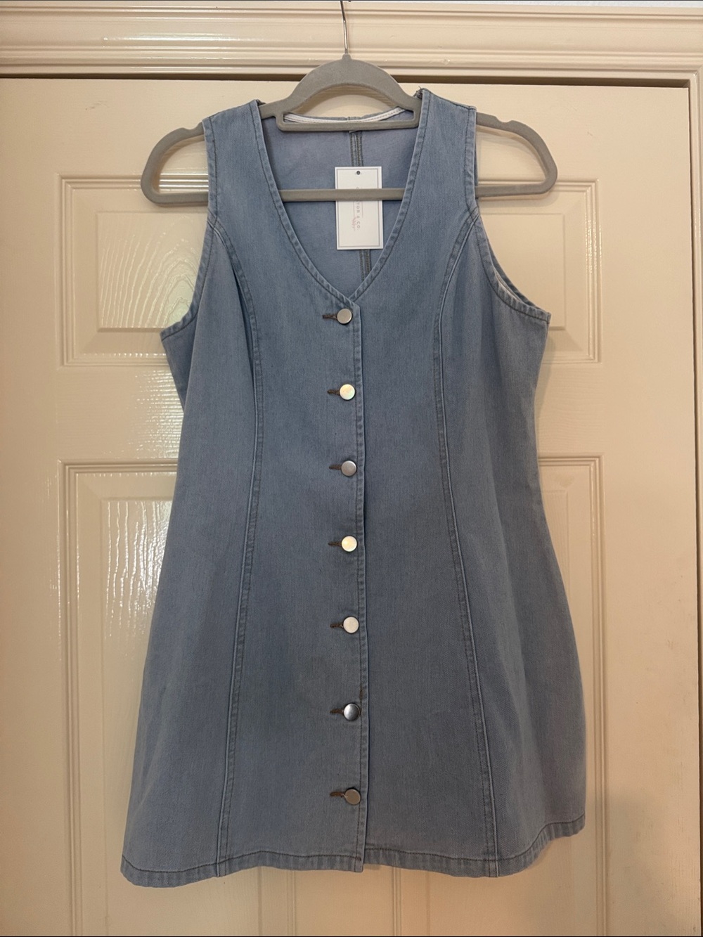 Sleeveless Light Blue Denim Button-Front Dress